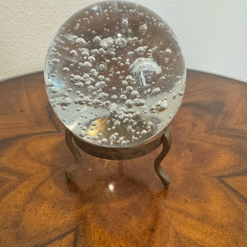 Vintage Hand Blown Clear Bubble Sphere / Orb on Brass Stand